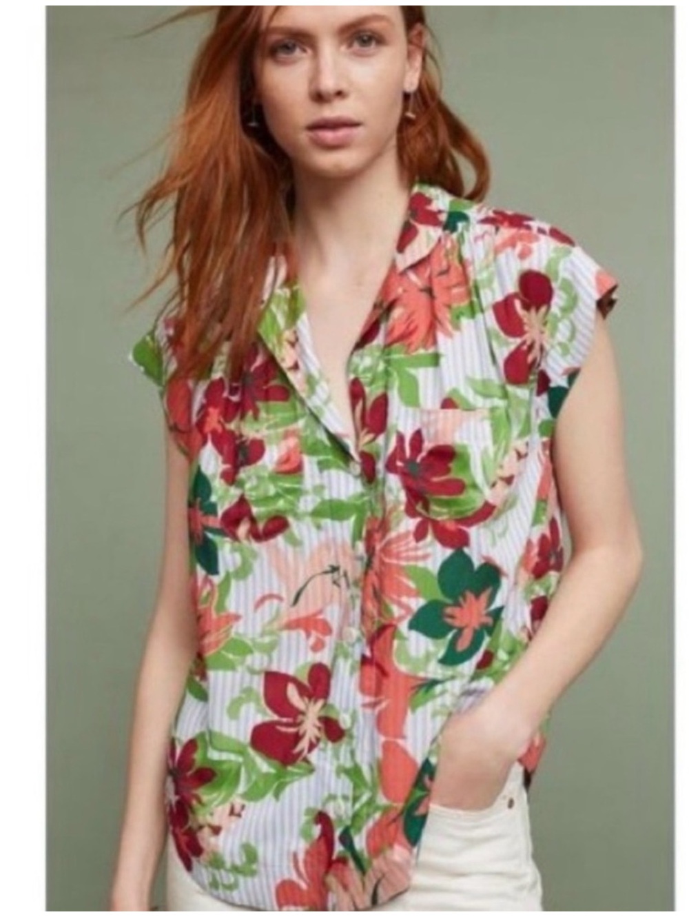 Maeve x Anthropologie Raffina Short Sleeve Floral/Striped Top Small 6223